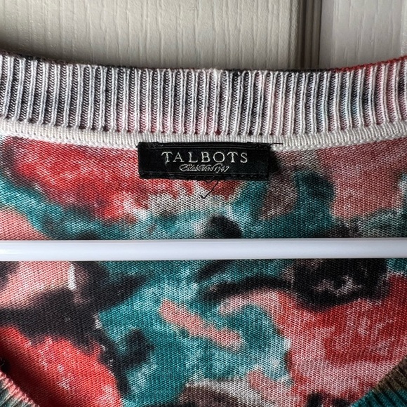Talbots Floral Cardigan Size XL Cotton Blend Button Front Sweater Teal Rust - Picture 2 of 10